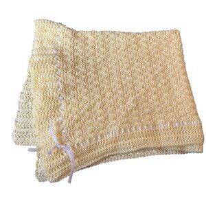 Handmade Bright Yellow Crochet Knit Baby Crib Blanket Ribbon Trim Soft Cotton